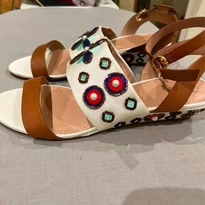 Tory Burch Estella White Multicolor 35mm Wedge Sandals Sz 9, 375, NEVER WORN O/S